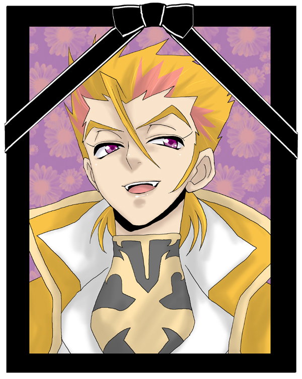 okuretun, luciano bradley, code geass, framed, 00s, 1boy, black ribbon, grin, iei, male focus, orange hair, purple eyes, ribbon, smile, solo