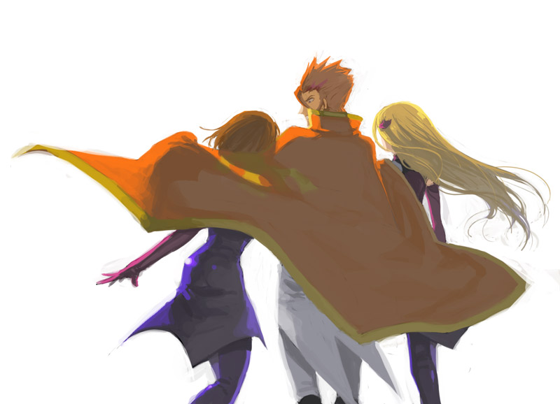 kiritachi, liliana vergamon, luciano bradley, marika soresi, code geass, uniform, 00s, 1boy, 2girls, belt, blonde hair, brown hair, cape, coat, cowboy shot, floating hair, from behind, long hair, multiple girls, orange hair, simple background, spiked hair, very long hair, walking, white background, wind
