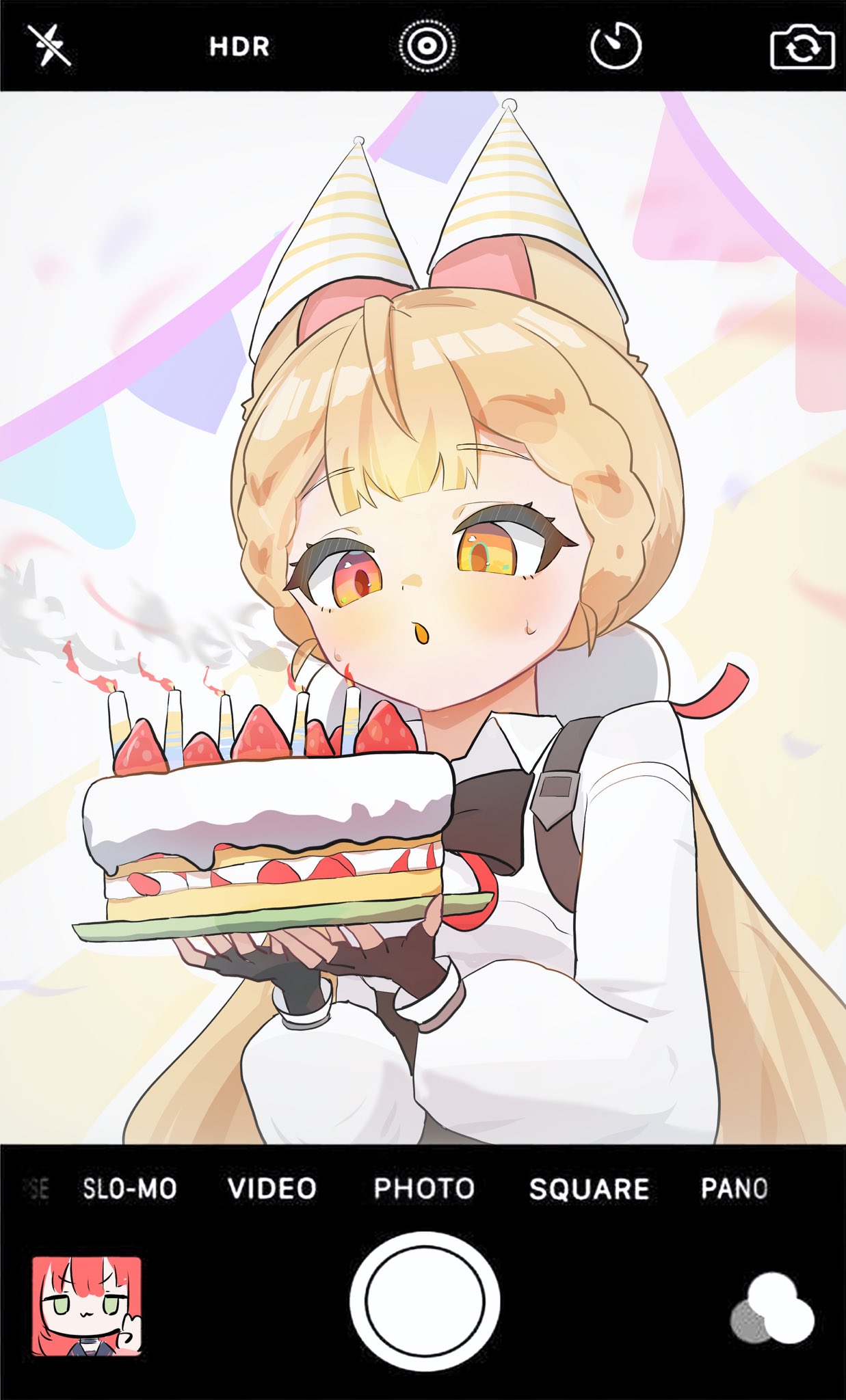 kesiutu, alice thymefield, ukinami yuzuha, zenless zone zero, commentary request, highres, 1girl, animal ears, birthday, birthday cake, blonde hair, blowing, cake, candle, fake phone screenshot, fake screenshot, food, fruit, happy birthday, hat, heterochromia, holding, open mouth, party hat, rabbit ears, rabbit girl, strawberry, sweatdrop, twintails, v