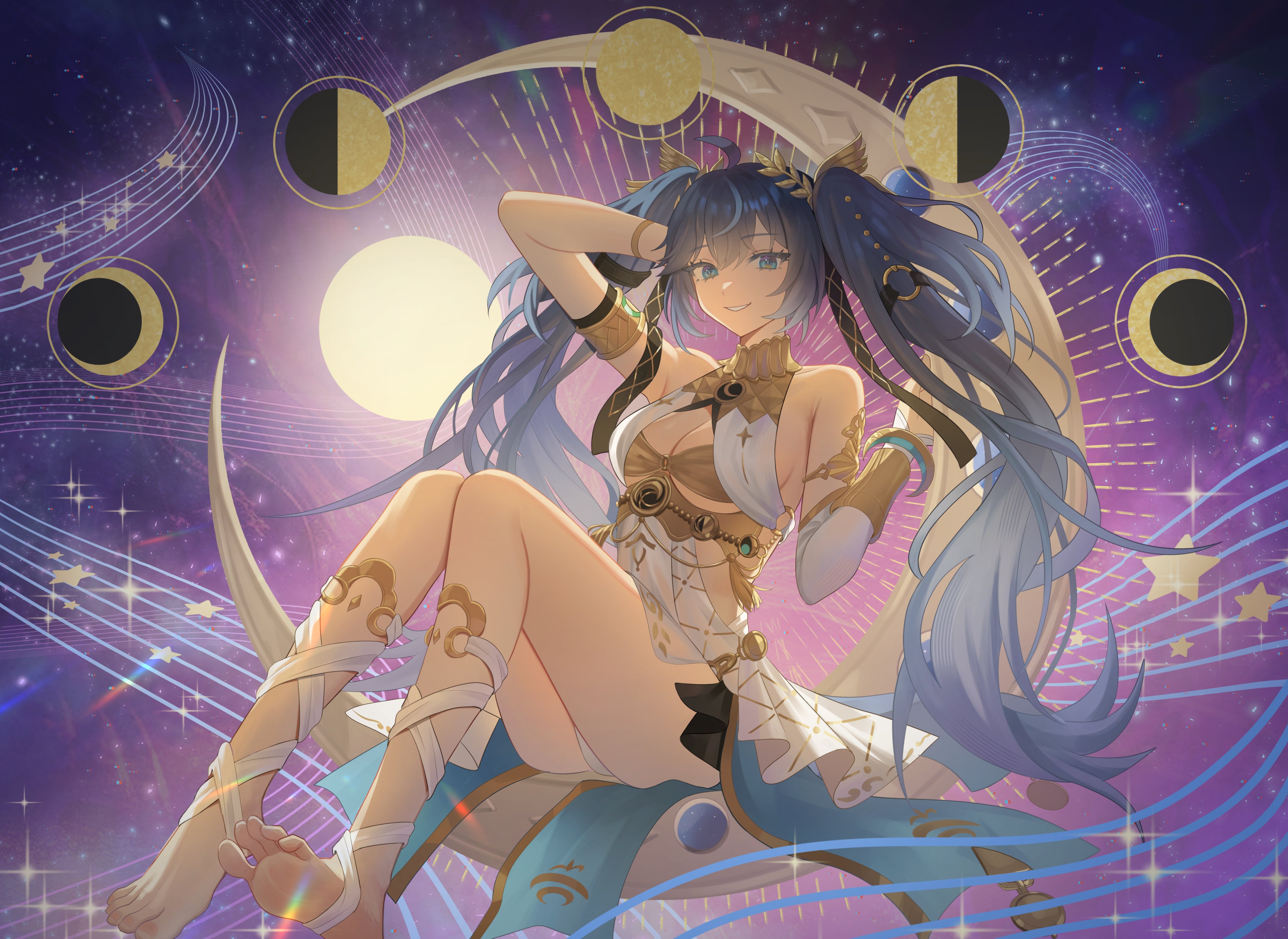 dalmo (pafe2444), iuno (wuthering waves), wuthering waves, absurdres, commentary, highres, symbol-only commentary, 1girl, ahoge, ancient greek clothes, arm up, armlet, bare shoulders, barefoot, black skirt, blue eyes, blue hair, breasts, cleavage, feet, gold bra, gradient hair, greco-roman clothes, hair belt, head wreath, jewelry, long hair, looking at viewer, medium breasts, miniskirt, multicolored hair, parted lips, skirt, smile, soles, solo, thighs, toes, twintails, vambraces, very long hair