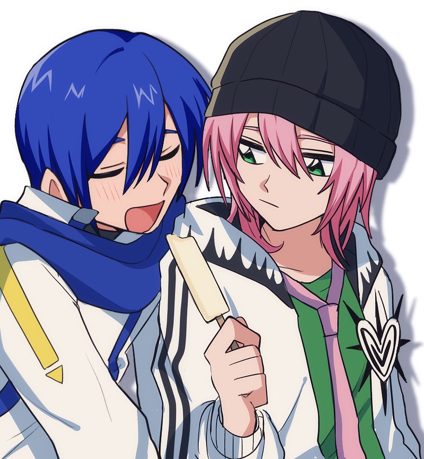 neko chenna, 66 (roro), kaito (vocaloid), vy2, vocaloid, 2boys, beanie, blue hair, closed eyes, coat, food, green eyes, hat, holding, holding food, holding popsicle, hood, hood down, hoodie, imminent bite, long hair, long sleeves, looking at another, looking to the side, male focus, multiple boys, necktie, open clothes, open hoodie, open mouth, pink hair, popped collar, popsicle, scarf, short hair, smile, upper body