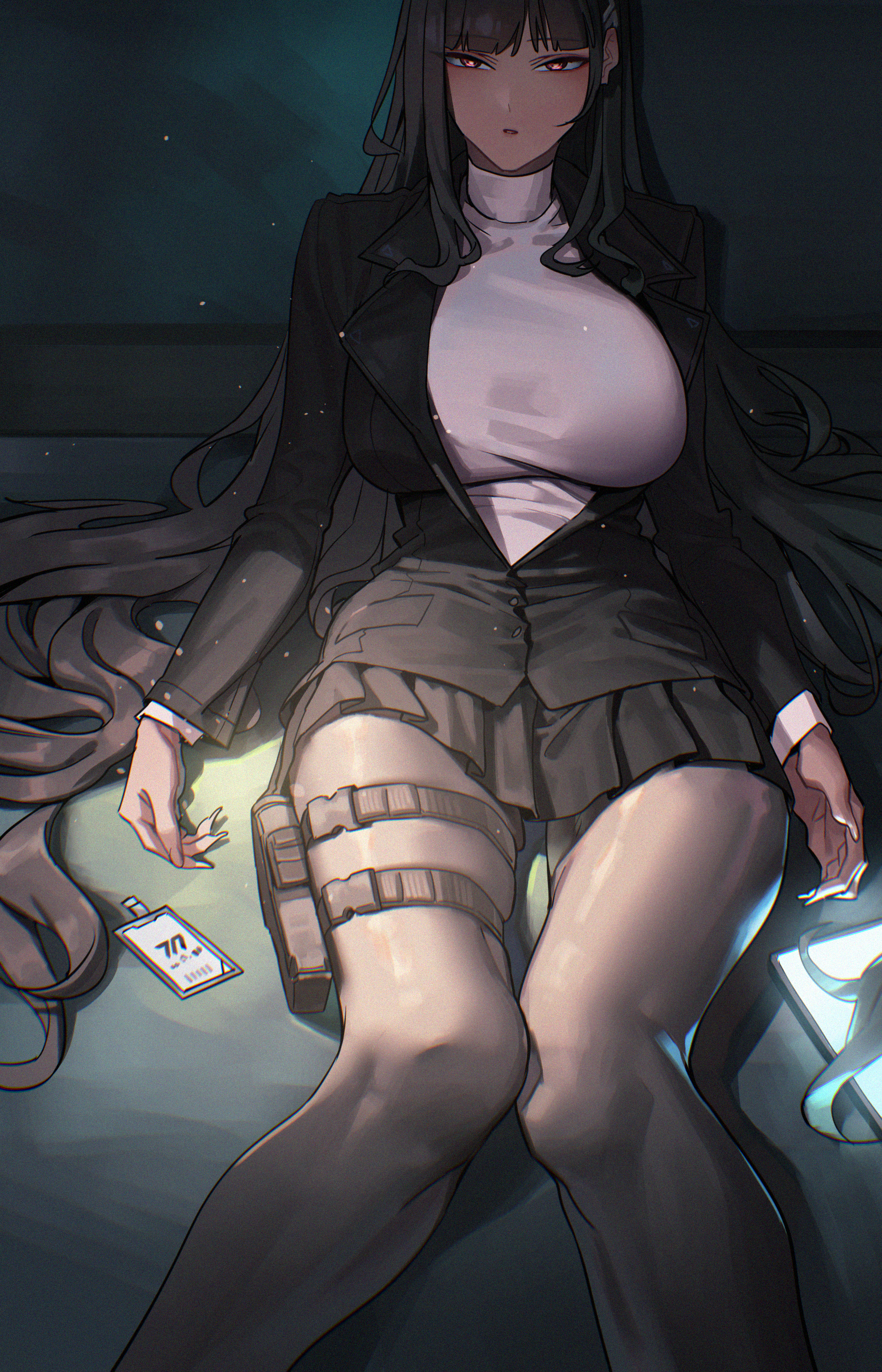 rio (blue archive), blue archive, absurdres, commentary, highres, 1girl, :o, black hair, black jacket, black pantyhose, black skirt, blazer, blunt bangs, breasts, feet out of frame, hair spread out, holster, id card, jacket, large breasts, long hair, long sleeves, looking at viewer, mikan cha (mikan62), pantyhose, pleated skirt, red eyes, sitting, skirt, solo, sweater, tablet pc, thigh holster, very long hair, white sweater