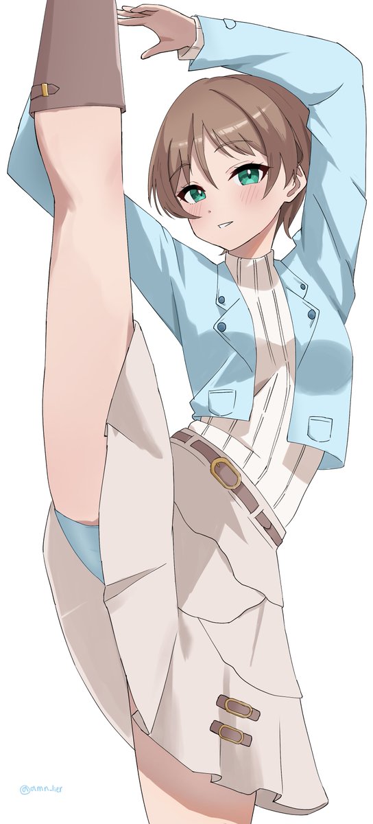 harumiya yukuri, ikizulive! love live! bluebird, love live!, commentary request, highres, 1girl, amano lier, bike shorts, bike shorts under skirt, blue jacket, blue shorts, blush, brown hair, cowboy shot, frilled skirt, frills, green eyes, grey skirt, grin, jacket, layered skirt, long sleeves, looking at viewer, miniskirt, open clothes, open jacket, pocket, short hair, shorts, shorts under skirt, simple background, skirt, smile, solo, split, standing, standing on one leg, standing split, sweater, twitter username, white background, white sweater