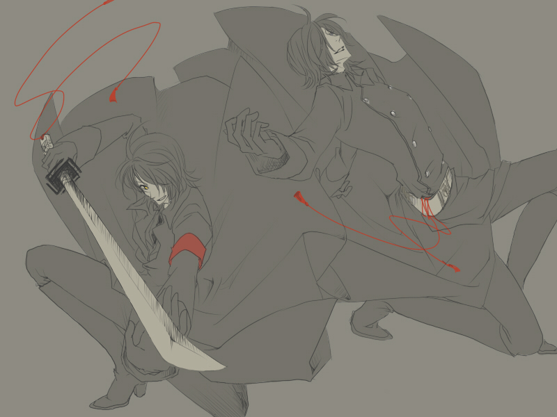 kombu (crazyrain69), allelujah haptism, hallelujah haptism, gundam, gundam 00, 00s, 2boys, armlet, coat, grey background, grey theme, holding, holding sword, holding weapon, huge weapon, jewelry, long sleeves, male focus, monochrome, multiple boys, simple background, spot color, sword, weapon