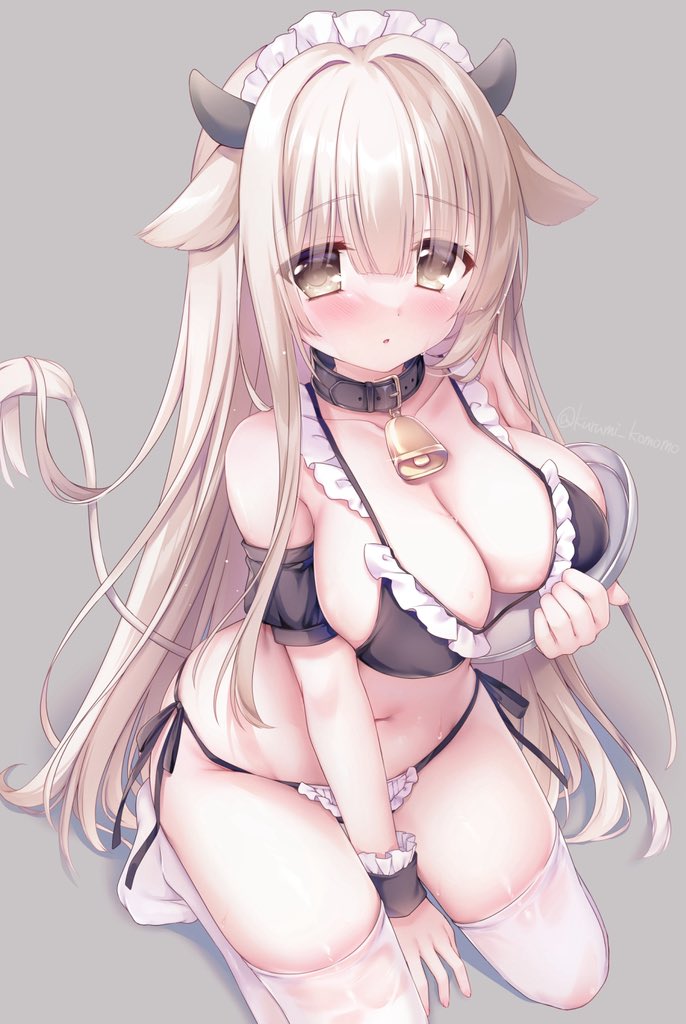 kurumi komomo, original, commentary, symbol-only commentary, 1girl, animal ears, bare shoulders, bell, bikini, black bikini, blush, breasts, brown hair, collar, collarbone, cow ears, cow girl, cow horns, cow tail, cowbell, detached collar, frilled bikini, frills, hair between eyes, horns, large breasts, long hair, looking at viewer, maid, maid bikini, maid headdress, navel, neck bell, parted lips, seiza, simple background, sitting, solo, stomach, swimsuit, tail, thighhighs, tray, unconventional maid, white hair, white headdress, white thighhighs, wrist cuffs