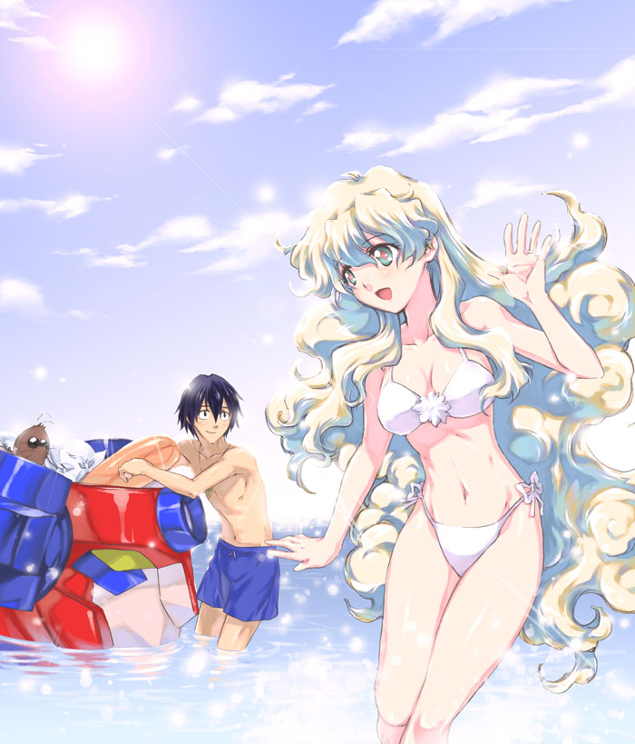 awa (awaawa), boota (ttgl), nia teppelin, simon (ttgl), tengen toppa gurren lagann, 00s, 1boy, 1girl, bikini, day, long hair, mecha, ocean, robot, swimsuit, very long hair