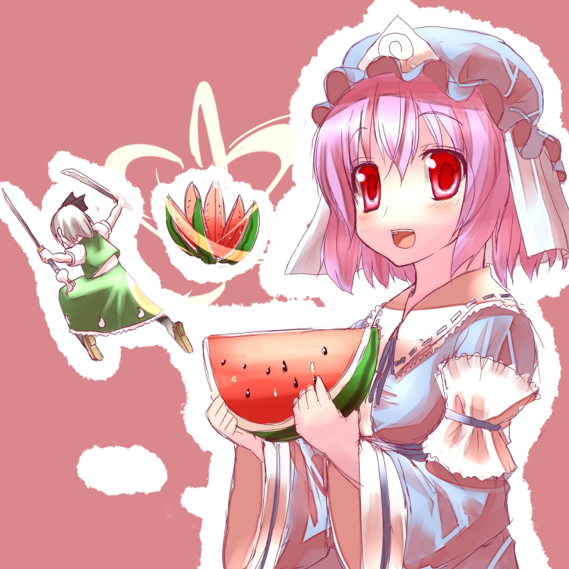 hiraga matsuri, hirasato, konpaku youmu, saigyouji yuyuko, touhou, silver hair, 2girls, dual wielding, female focus, food, fruit, hat, holding, holding food, holding fruit, holding watermelon, katana, multiple girls, pink hair, short hair, slashing, sword, watermelon, weapon