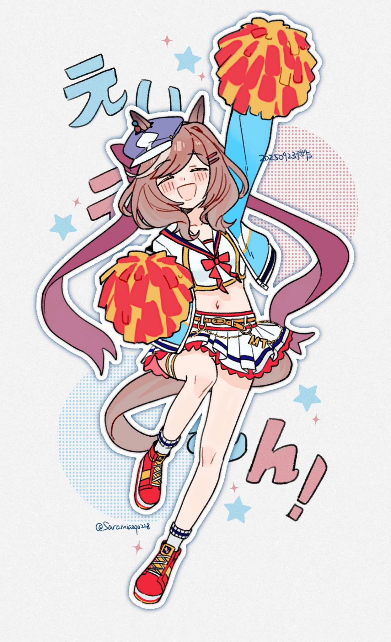 saramiao-chan, matikanetannhauser (umamusume), nice nature (run&win) (umamusume), nice nature (umamusume), umamusume, commentary request, highres, 1girl, animal ears, belt, blush, brown hair, closed eyes, collarbone, cosplay, dated, full body, hair between eyes, hair ornament, hairclip, hat, horse ears, horse tail, jacket, midriff, navel, nice nature (umamusume) (cosplay), pom pom (cheerleading), shoes, simple background, solo, standing, standing on one leg, tail, twitter username, white background