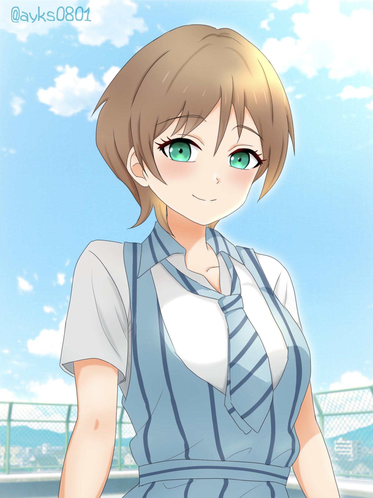 kosame (aykso8o1), harumiya yukuri, ikizulive! love live! bluebird, love live!, commentary request, highres, 1girl, blue dress, blue necktie, blue sky, brown hair, chain-link fence, closed mouth, cloud, collarbone, collared shirt, day, dress, fence, green eyes, looking at viewer, necktie, official alternate costume, outdoors, pinstripe dress, pinstripe necktie, pinstripe pattern, rooftop, shirt, short hair, short sleeves, sky, smile, solo, split mouth, upper body, what is my life? (love live!), white shirt