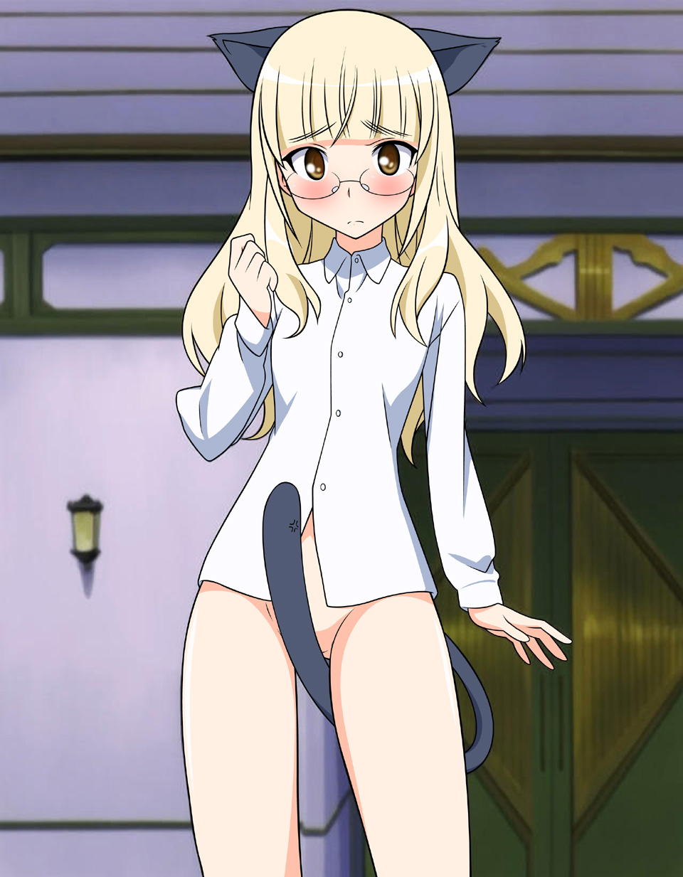 perrine h. clostermann, strike witches, world witches series, highres, non-web source, third-party edit, 00s, 1girl, animal ears, bare legs, blonde hair, blush, bottomless, brown eyes, cat ears, cat tail, covering crotch, covering privates, dress shirt, female focus, glasses, long hair, no legwear, no panties, shirt, solo, tail