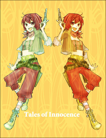 buzz (moi), iria animi, alfa system, tales of (series), tales of innocence, bad id, bad pixiv id, 1girl, belt, copyright name, dual persona, gun, pants, red hair, scarf, shoes, short hair, symmetry, weapon, yellow background