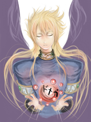 taka yanagi, takayanagi (artist), nina (breath of fire ii), breath of fire, breath of fire ii, lowres, 1girl, angel wings, black wings, blonde hair, closed eyes, female focus, long hair, magic, solo, wings