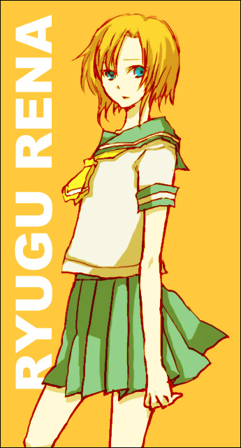 buzz (moi), ryuuguu rena, higurashi no naku koro ni, bad id, bad pixiv id, 00s, blue eyes, orange hair, school uniform, serafuku, short hair, solo