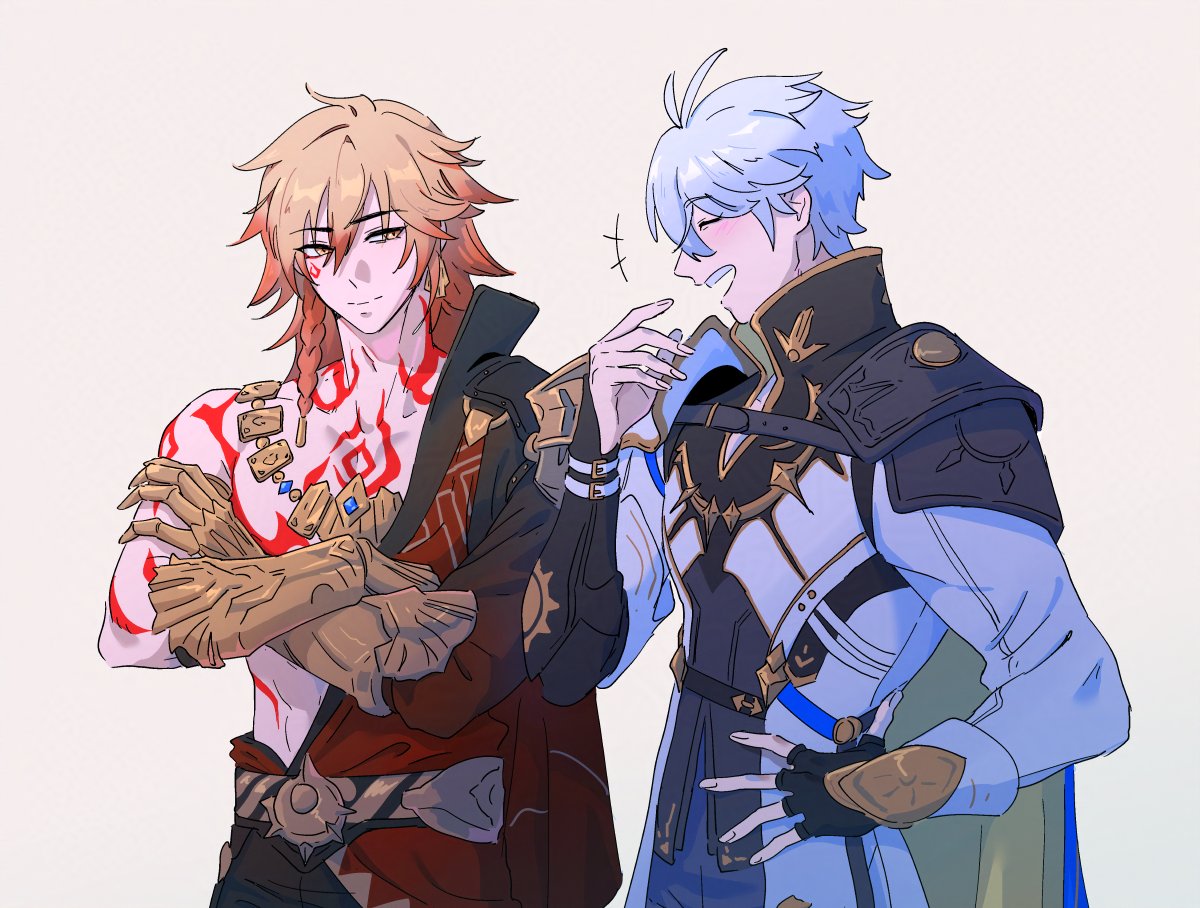 mydei (honkai: star rail), phainon (honkai: star rail), honkai: star rail, honkai (series), hashtag-only commentary, 2boys, antenna hair, arm tattoo, armlet, black coat, black gloves, black shirt, blonde hair, blush, braid, chest tattoo, clawed gauntlets, closed eyes, coat, crossed arms, earrings, facial tattoo, fingerless gloves, gloves, gold earrings, gold necklace, gradient hair, grey background, jewelry, male focus, medium hair, multicolored hair, multiple boys, necklace, open clothes, open coat, p1edei, parted bangs, red hair, red tattoo, shirt, short hair, side braid, simple background, single glove, tattoo, toned, toned male, white coat, white hair, yellow eyes