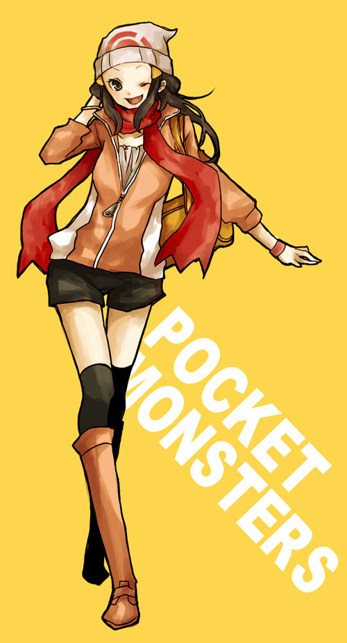 buzz (moi), dawn (pokemon), nintendo, pokemon, bad id, bad pixiv id, 1girl, bag, beanie, boots, female focus, hair ornament, hairclip, hat, jacket, one eye closed, pink boots, red scarf, scarf, shorts, solo, thighhighs, wink