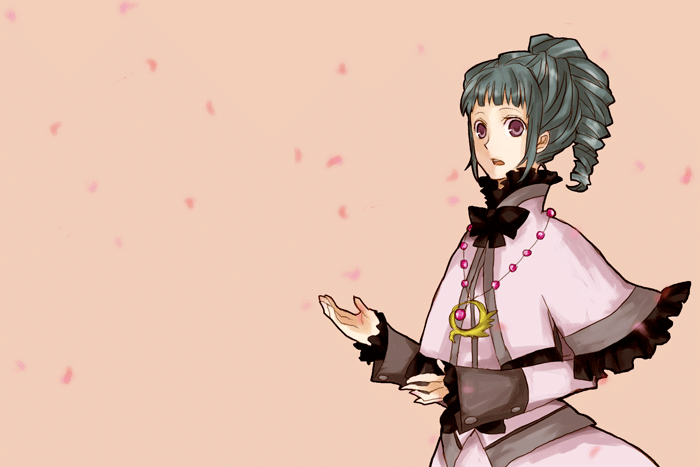 buzz (moi), ange serena, alfa system, tales of (series), tales of innocence, bad id, bad pixiv id, 1girl, blue hair, dress, female focus, pink background, solo