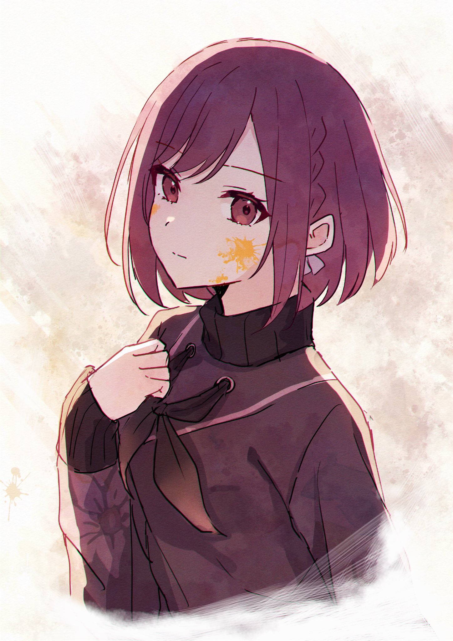 miton (1521084393405571072), shinonome ena, project sekai, highres, 1girl, bob cut, braid, brown eyes, brown hair, clenched hand, closed mouth, floral print, hand up, long sleeves, looking at viewer, paint splatter, paint splatter on face, short hair, single braid, solo, split mouth, sweater, turtleneck, turtleneck sweater, upper body