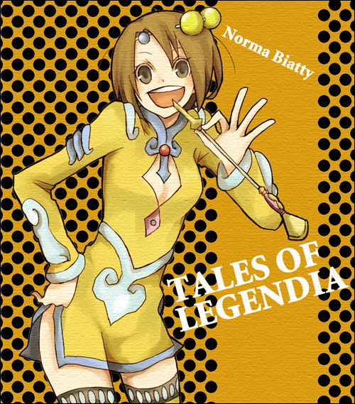 buzz (moi), norma beatty, tales of (series), tales of legendia, bad id, bad pixiv id, 1girl, brown eyes, brown hair, character name, cleavage cutout, clothing cutout, copyright name, drinking straw, female focus, flat chest, hair bobbles, hair ornament, orange background, short hair, skirt, solo, sphere hair ornament, thighhighs, yellow skirt, zettai ryouiki