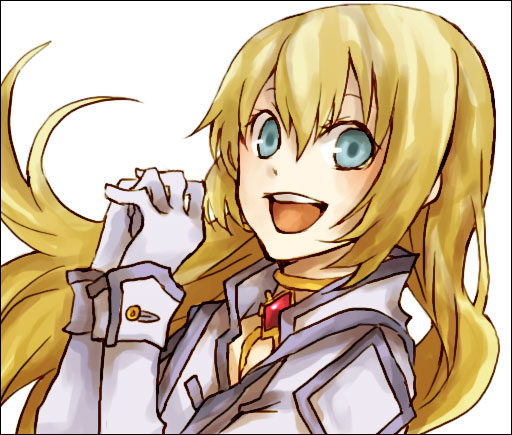 buzz (moi), colette brunel, tales of (series), tales of symphonia, bad id, bad pixiv id, 00s, arms up, blonde hair, blue eyes, dress, gloves, happy, holding, holding hands, jewelry, long hair, looking at viewer, necklace, open mouth, smile, solo, tongue, white background, white dress, white gloves
