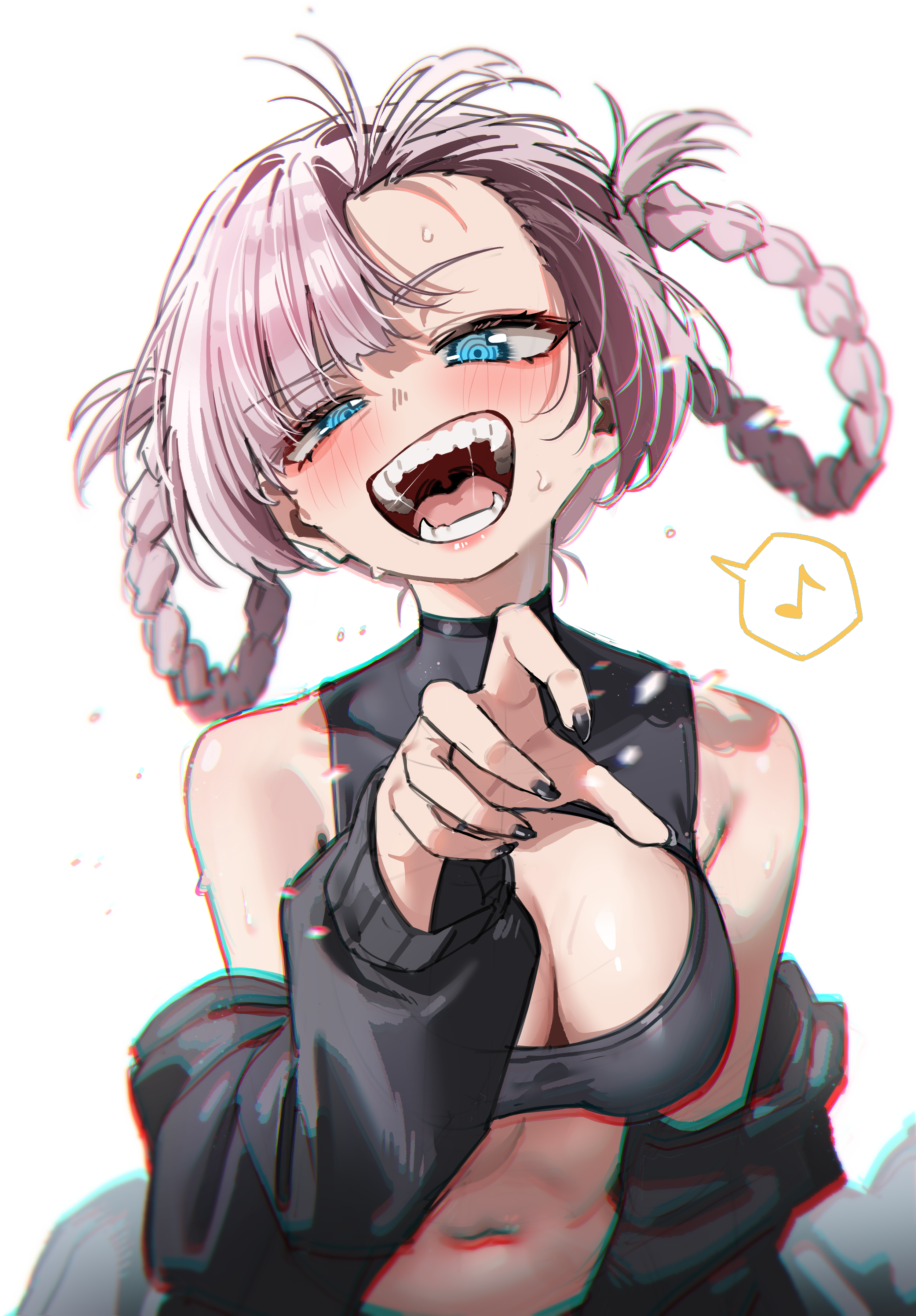 green tea (matchaistasty), nanakusa nazuna (yofukashi no uta), yofukashi no uta, absurdres, highres, 1girl, black jacket, black nails, blue eyes, breasts, cleavage, fangs, fingernails, jacket, looking at viewer, medium breasts, musical note, nail polish, open mouth, pink hair, saliva, short hair, simple background, solo, spoken musical note, teeth, white background