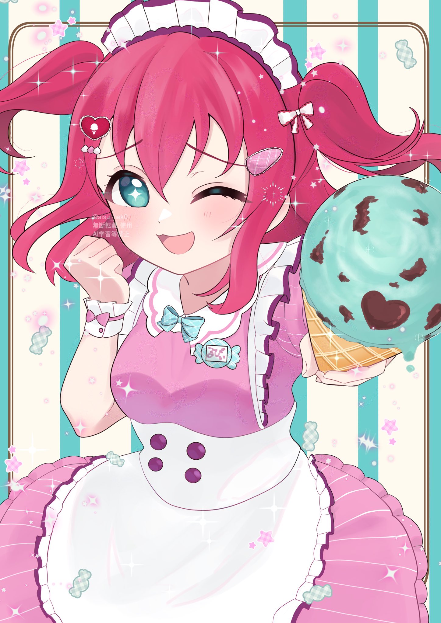 kurosawa ruby, love live!, love live! sunshine!!, commentary request, highres, 1girl, ;d, ai scream! (love live!), aisu nek0, apron, aqua background, aqua eyes, blush, buttons, clenched hand, cowboy shot, double-breasted, dress, food, holding, holding food, holding ice cream, holding ice cream cone, ice cream, ice cream cone, looking at viewer, maid, maid headdress, medium hair, mint chocolate, name tag, one eye closed, open mouth, outstretched arm, pink dress, pinstripe dress, pinstripe pattern, raised inner eyebrows, red hair, short dress, short sleeves, sidelocks, smile, solo, star-shaped pupils, star (symbol), striped background, symbol-shaped pupils, two side up, waist apron, watermark, white apron