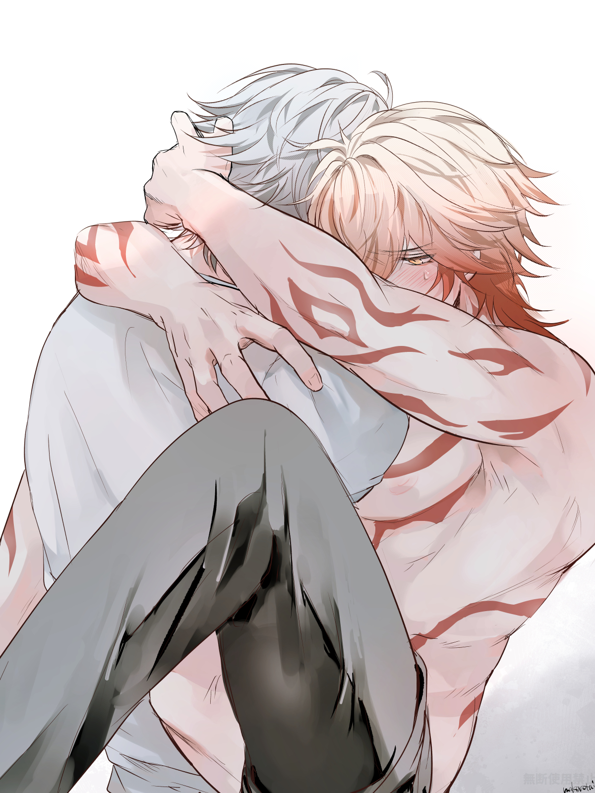 makaretaiyo, mydei (honkai: star rail), phainon (honkai: star rail), honkai: star rail, honkai (series), commentary request, highres, 2boys, antenna hair, arm tattoo, arms around neck, black pants, blonde hair, blush, braid, chest tattoo, gradient hair, implied sex, male focus, medium hair, multicolored hair, multiple boys, pants, red hair, red tattoo, sexually suggestive, shirt, short hair, side braid, simple background, tattoo, white background, white hair, white shirt, yaoi, yellow eyes