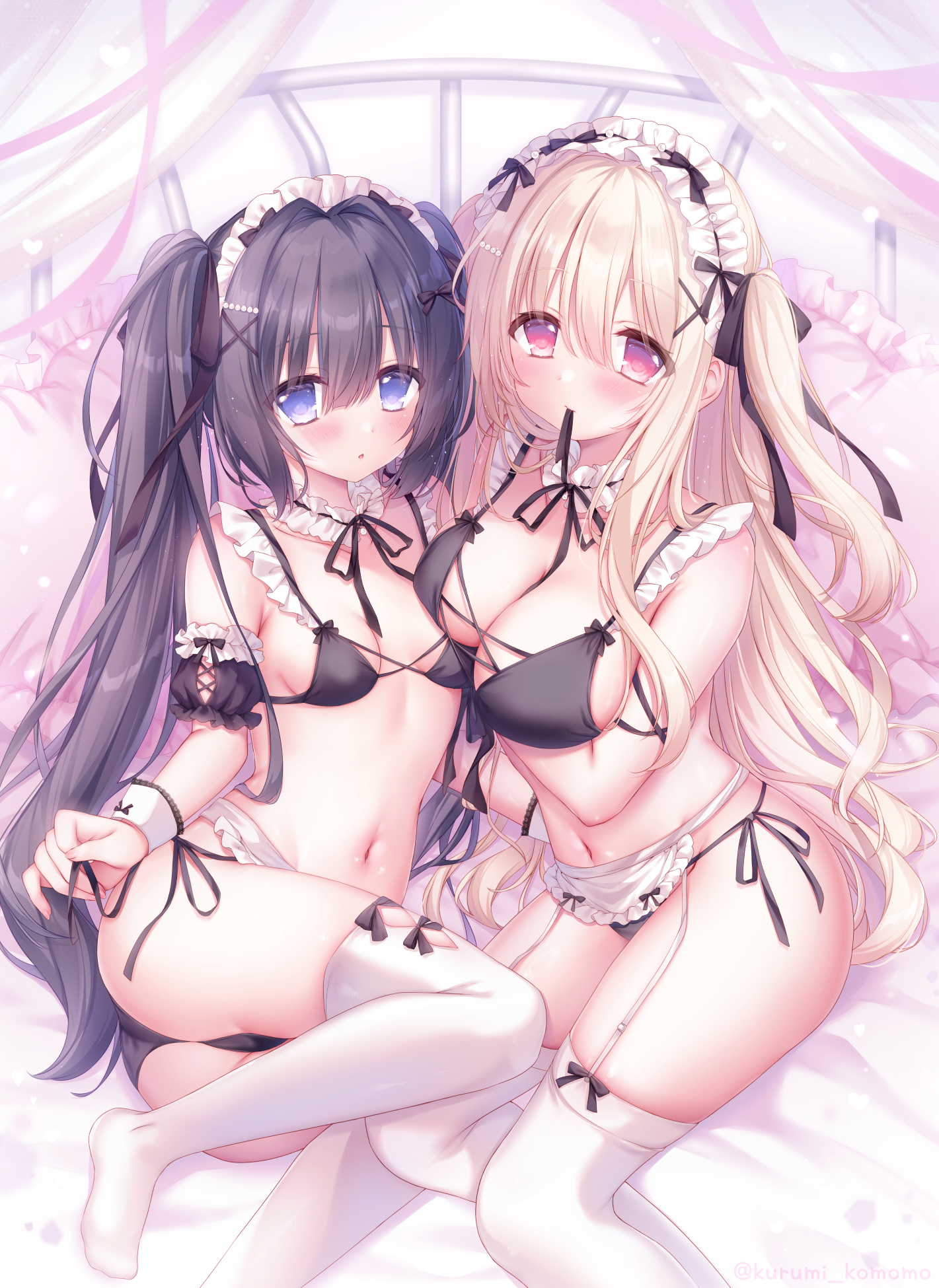 kurumi komomo, original, highres, 2girls, apron, ass, bare shoulders, bikini, black bikini, black hair, blonde hair, blue eyes, blush, breasts, closed mouth, detached collar, frills, garter straps, hair between eyes, hair ornament, large breasts, long hair, looking at viewer, maid, maid bikini, maid headdress, medium breasts, multiple girls, navel, parted lips, red eyes, stomach, string in mouth, swimsuit, thighhighs, thighs, twintails, unconventional maid, white apron, white headdress, white thighhighs, wrist cuffs