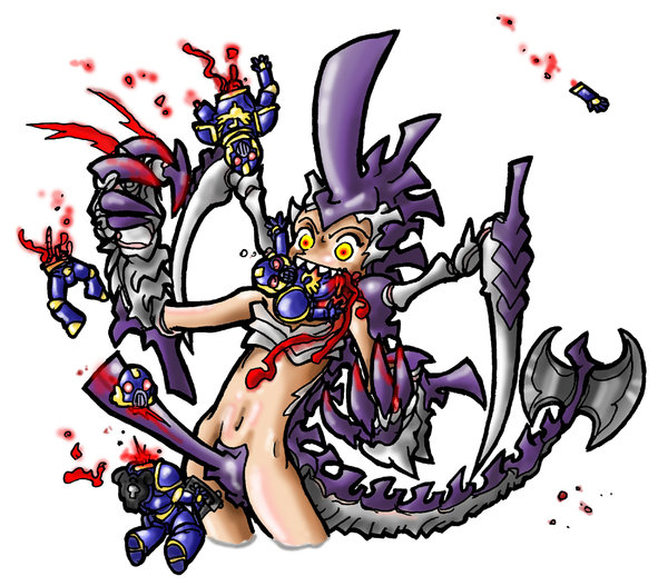 adeptus astartes, tyranid, tyranids, warhammer 40k, non-web source, 1girl, blood, death, ero guro, female focus, guro, lolifex, solo