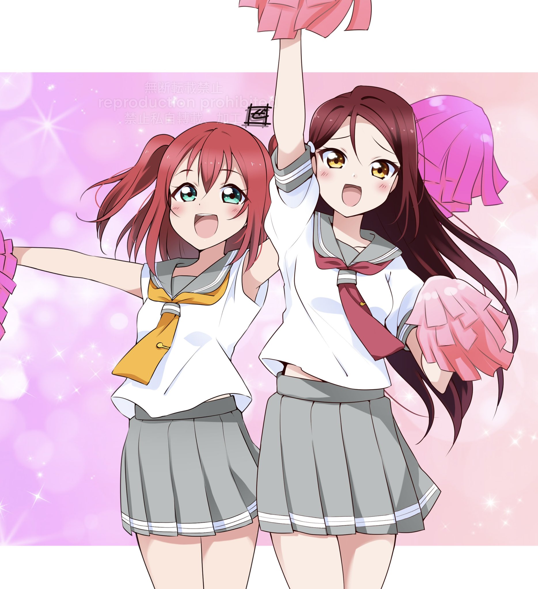 zero-theme, kurosawa ruby, sakurauchi riko, love live!, love live! sunshine!!, commentary, highres, symbol-only commentary, 2girls, :d, aqua eyes, blush, breasts, cowboy shot, gradient background, grey sailor collar, grey skirt, letterboxed, looking at viewer, medium breasts, miniskirt, multiple girls, neckerchief, open mouth, outside border, pink background, pleated skirt, pom pom (cheerleading), raised inner eyebrows, red neckerchief, sailor collar, school uniform, short sleeves, signature, skirt, smile, summer uniform, uranohoshi school uniform, yellow eyes, yellow neckerchief