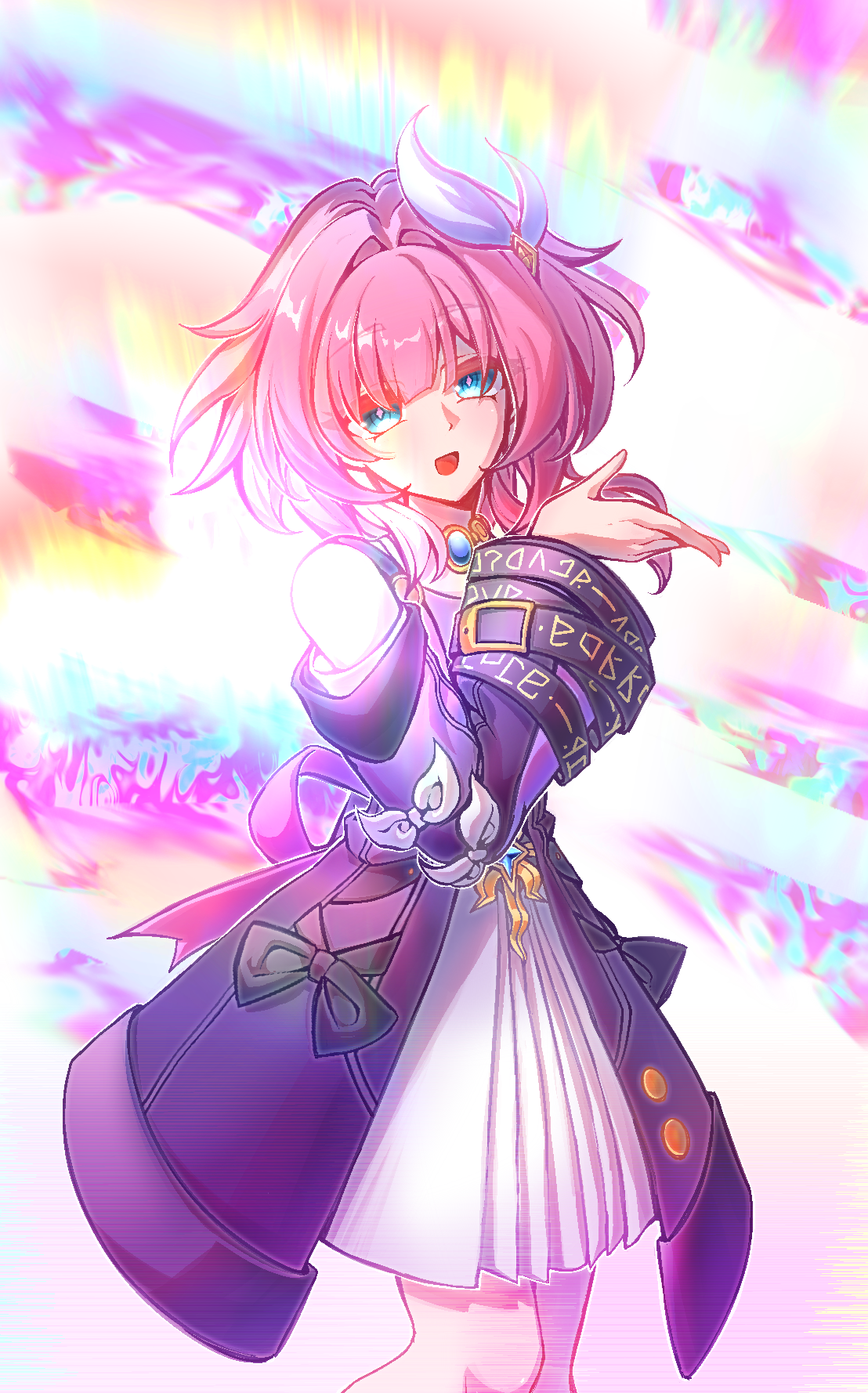 cyrene (honkai: star rail), honkai: star rail, honkai (series), chinese commentary, commentary request, highres, 1girl, bare shoulders, coat, cyrene (aedes elysiae) (honkai: star rail), dress, fengbaolan, hair ornament, jewelry, looking at viewer, multicolored hair, necklace, open mouth, pink hair, purple coat, short hair, solo, two-tone hair, white dress, white hair