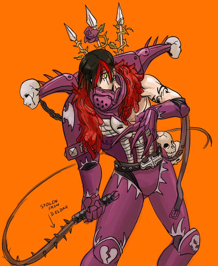 adeptus astartes, chaos space marine, warhammer 40k, non-web source, 1boy, armor, armored boots, armored gloves, belt, black hair, boots, broken armor, chain, claw (weapon), claws, earrings, feather trim, flower, gauntlets, holding, holding whip, jewelry, knee pads, male focus, multicolored hair, orange background, power armor, red hair, rose, simple background, skull, slaanesh (cult), solo, thorns, two-tone hair, weapon, whip, yellow eyes