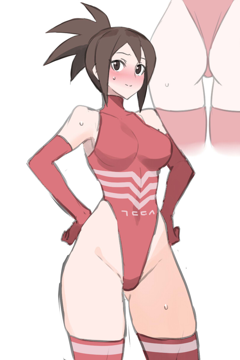 ukimukai, tenga, highres, 1girl, ass, bare shoulders, blush, breasts, brown eyes, brown hair, closed mouth, covered navel, cowboy shot, elbow gloves, gloves, highleg, highleg leotard, large breasts, leotard, long hair, looking at viewer, multiple views, ponytail, red leotard, simple background, solo, standing, sweat, thigh gap, thighhighs, thighs, white background