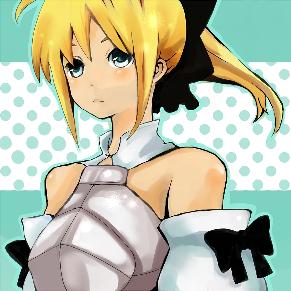 kochouran, artoria pendragon (fate), saber (fate), saber lily, capcom, fate/stay night, fate/unlimited codes, fate (series), bad id, bad pixiv id, 00s, 1girl, alternate hairstyle, armor, armored dress, bare shoulders, blonde hair, blue eyes, detached sleeves, dress, female focus, hair ribbon, ponytail, ribbon, solo