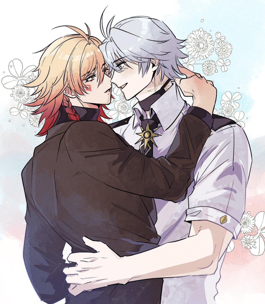 mydei (honkai: star rail), phainon (honkai: star rail), honkai: star rail, honkai (series), commentary request, highres, 2boys, antenna hair, black choker, black coat, black necktie, black sweater, blonde hair, blue eyes, blush, braid, choker, coat, collared shirt, facial tattoo, gradient hair, hug, male focus, medium hair, multicolored hair, multiple boys, neck tattoo, necktie, parted bangs, pilot uniform, red hair, red tattoo, shirt, short hair, short sleeves, side braid, sun symbol, sun tattoo, sweater, tan, tattoo, turtleneck, turtleneck sweater, usan46724937, white hair, white shirt, yellow eyes