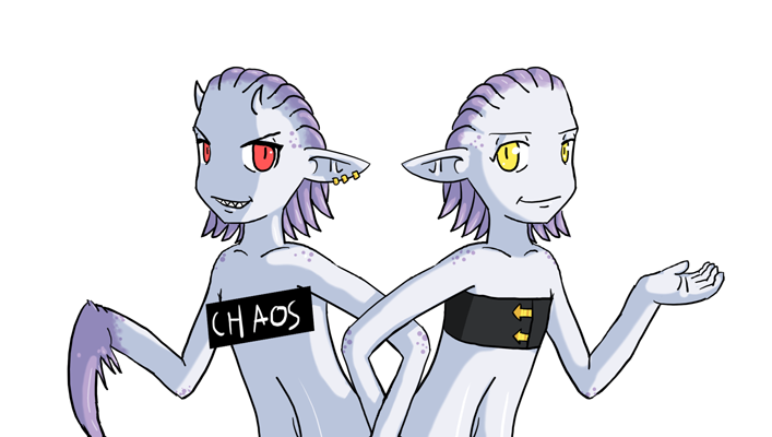 daemonette, slaanesh, warhammer 40k, non-web source, tagme, 2girls, blue skin, body freckles, censored, chaos (warhammer), colored skin, crab claw, demon girl, demon horns, female focus, flat chest, freckles, horns, multiple girls, nude, pale color, pale skin, pointy ears, purple hair, red eyes, shoulder freckles, simple background, solo, strapless, tentacle hair, white background, yellow eyes