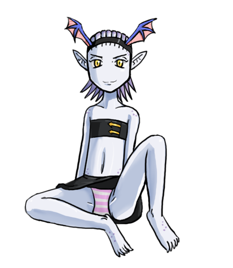 daemonette, warhammer 40k, non-web source, 1girl, bat wings, blue skin, body freckles, chaos (warhammer), colored skin, demon girl, demon horns, female focus, flat chest, freckles, hairband, horns, miniskirt, pale color, pale skin, panties, pantyshot, pointy ears, sitting, skirt, solo, spread legs, strapless, striped clothes, striped panties, tentacle hair, underwear, wings