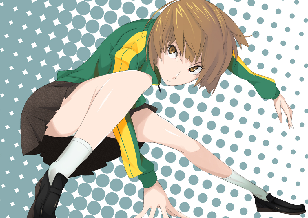 ghost-q, satonaka chie, atlus, persona, persona 4, brown eyes, brown hair, fighting stance, furo q, jacket, panties, pantyshot, short hair, skirt, socks, solo, underwear