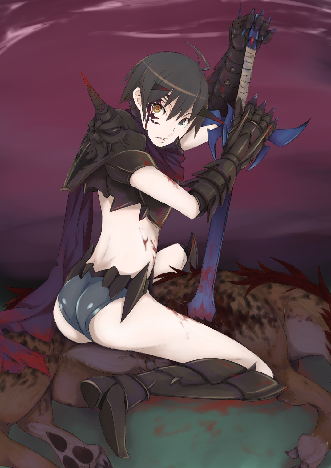 ghost-q, highres, ahoge, armor, black hair, blood, furo q, grey eyes, heterochromia, horns, short hair, solo, sword, weapon, yellow eyes