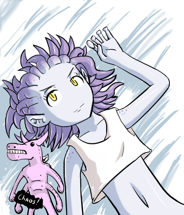 daemonette, loli d, loli daemonette, slaanesh, warhammer 40k, non-web source, 1girl, blue skin, colored skin, crop top, female focus, flat chest, from above, loli, lying, midriff, on back, pointy ears, purple hair, solo, tank top, yellow eyes