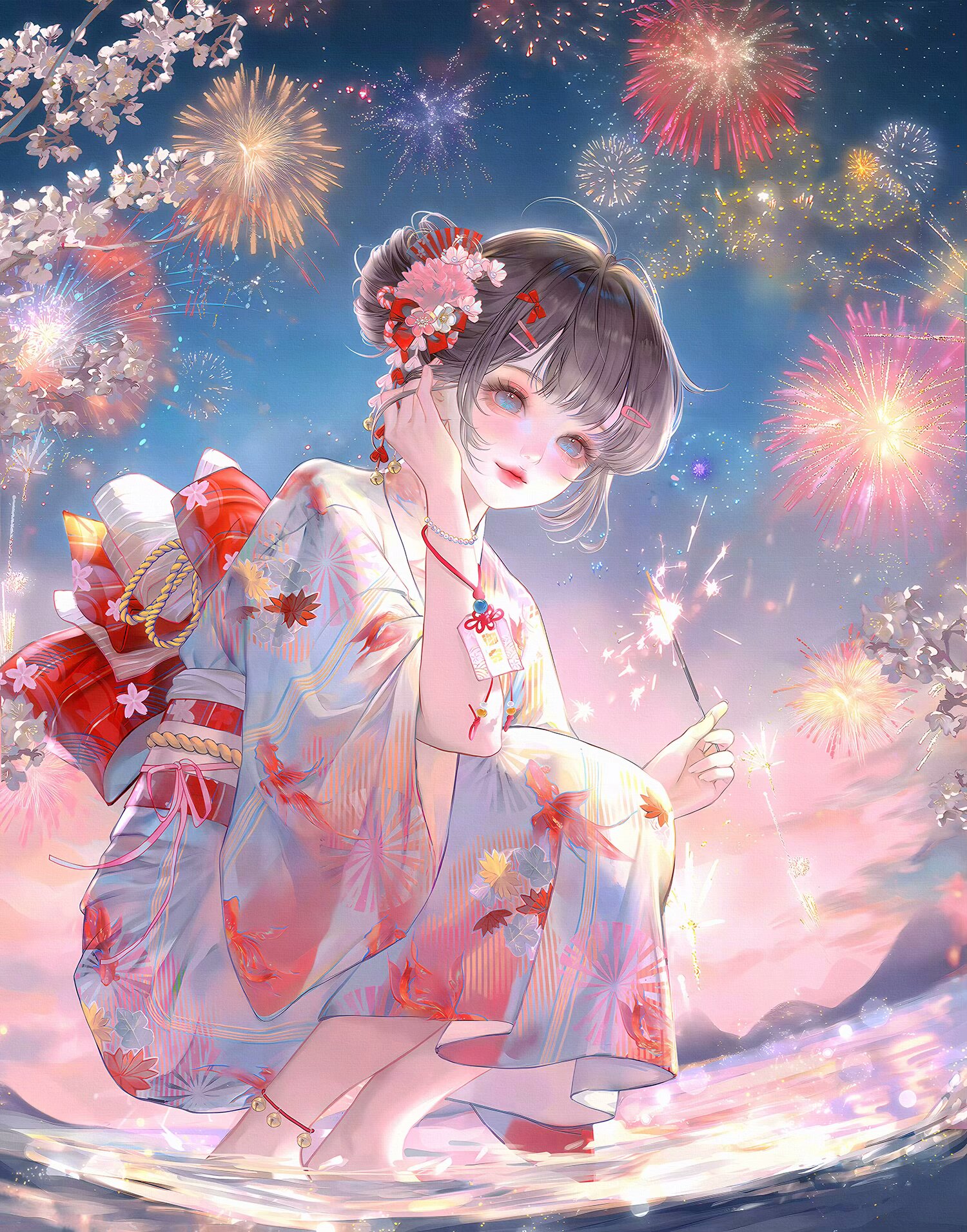 xixizi, original, highres, large variant set, variant set, 1girl, animal print, anklet, black hair, blue eyes, bracelet, brown hair, closed mouth, fireworks, fish print, flower, hair bun, hair flower, hair ornament, holding, japanese clothes, jewelry, kimono, looking at viewer, makeup, night, night sky, obi, outdoors, pink flower, sash, short hair, sky, smile, solo, sparkler, squatting, water, white kimono, wide sleeves