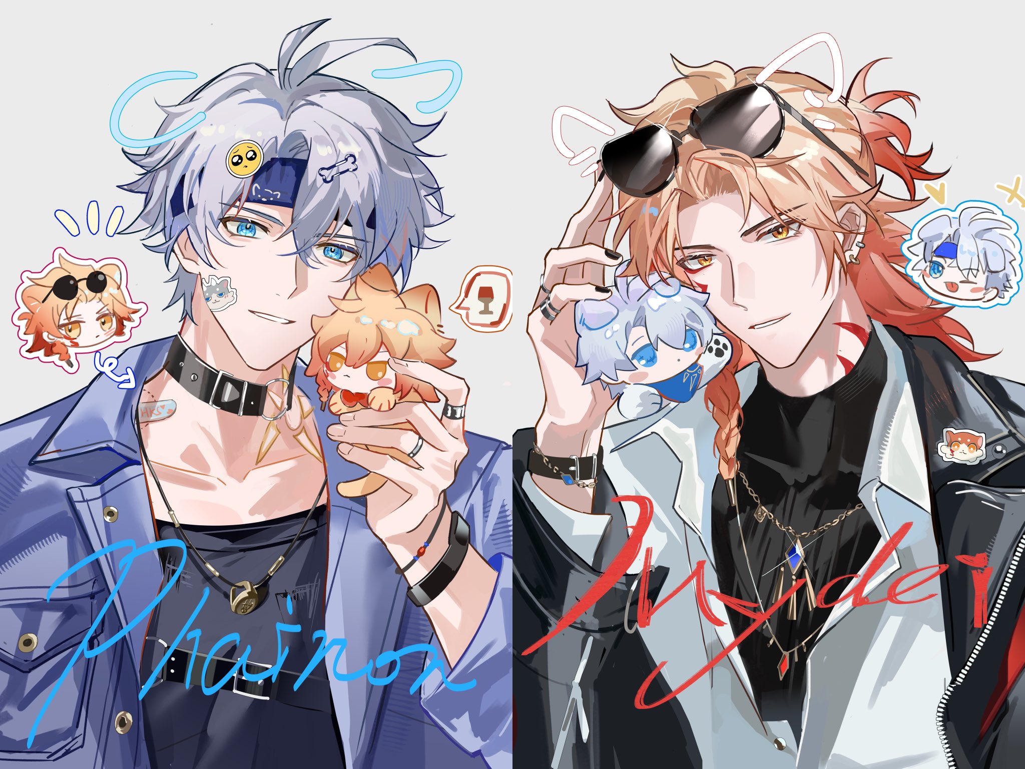 xiaozongcai521, mydei (honkai: star rail), phainon (honkai: star rail), honkai: star rail, honkai (series), commentary, highres, 2boys, antenna hair, black collar, black jacket, black shirt, black sweater, blonde hair, blue eyes, blue jacket, braid, character doll, collar, collared shirt, doll, drawn ears, ear piercing, facial tattoo, gold necklace, gradient hair, grey background, headband, holding, holding doll, jacket, jewelry, male focus, medium hair, multicolored hair, multiple boys, neck tattoo, necklace, open clothes, open jacket, parted bangs, partially unbuttoned, piercing, red hair, red tattoo, shirt, short hair, side braid, simple background, sticker, sticker on face, sun symbol, sun tattoo, sweater, tan, tattoo, turtleneck, turtleneck sweater, white hair, white shirt, yellow eyes