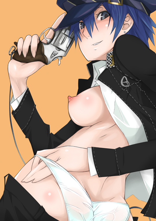 ghost-q, shirogane naoto, atlus, persona, persona 4, 1girl, androgynous, blue eyes, blue hair, breasts, female focus, furo q, gun, hat, matching hair/eyes, medium breasts, newsboy cap, nipples, panties, reverse trap, short hair, solo, underwear, weapon