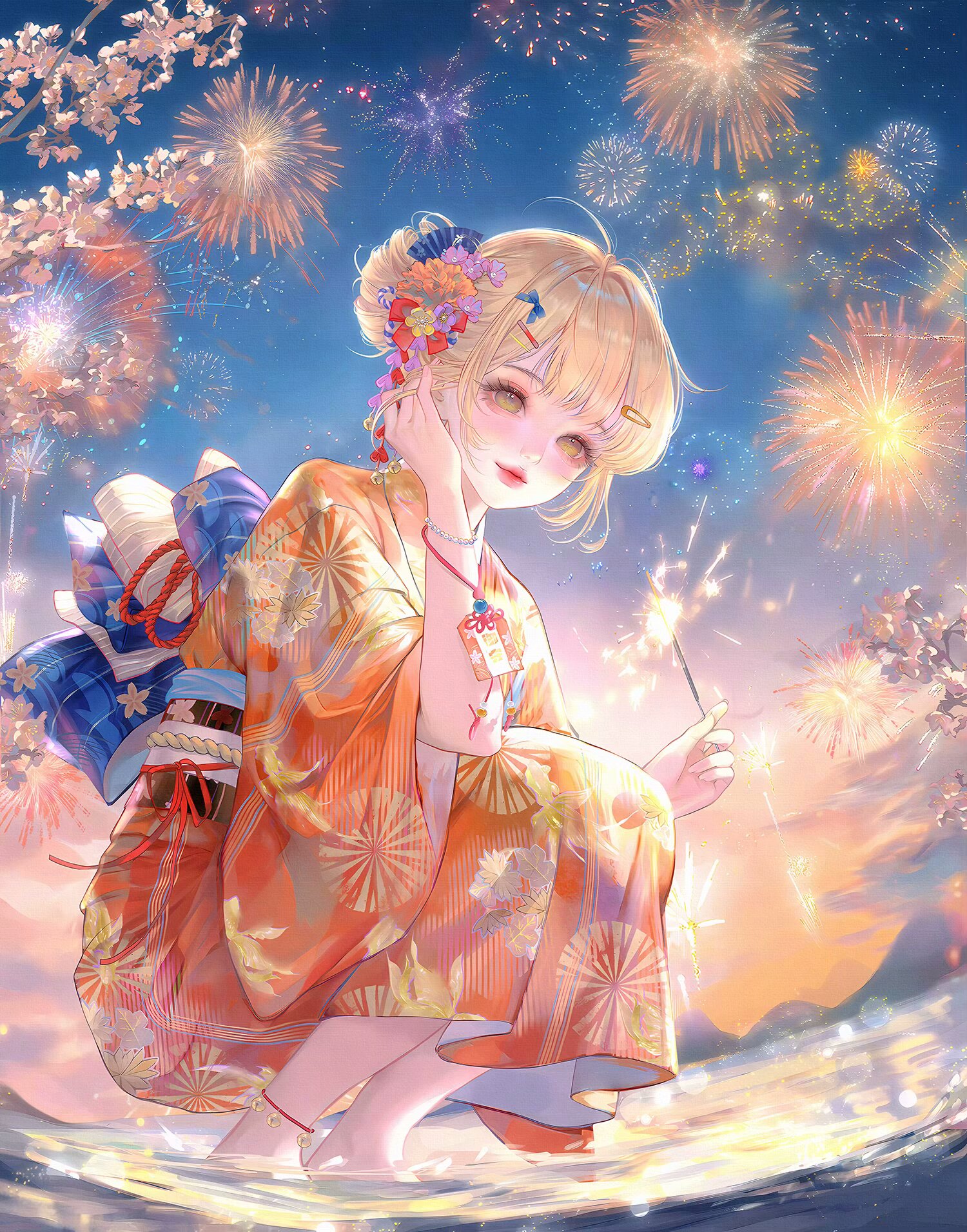xixizi, original, highres, large variant set, variant set, 1girl, anklet, blonde hair, bracelet, fireworks, floral print, flower, hair bun, hair flower, hair ornament, hairclip, holding, japanese clothes, jewelry, kimono, looking at viewer, night, obi, orange kimono, outdoors, sash, short hair, sky, smile, solo, sparkler, squatting, water