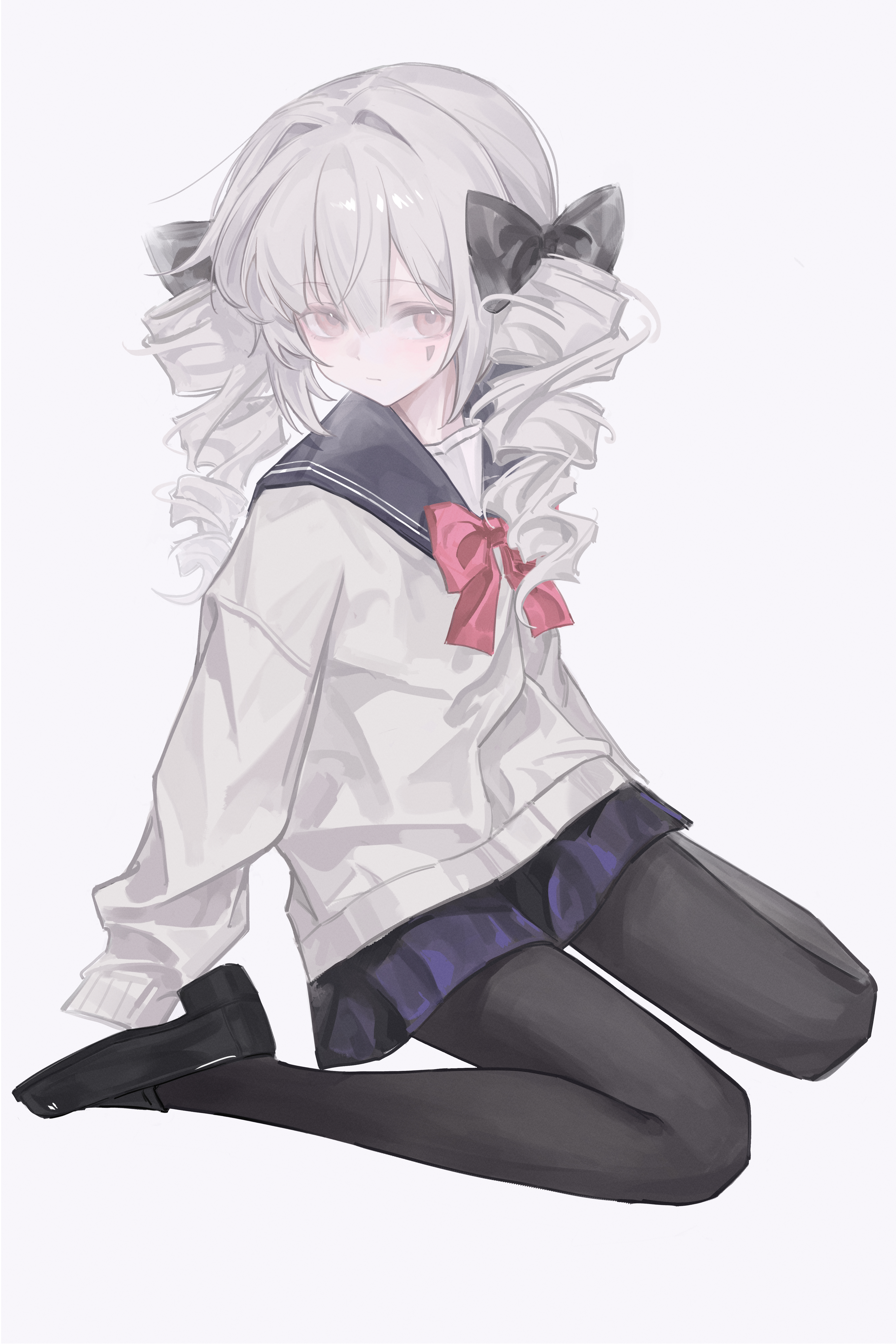 yaoyao (yoyo27456335489), absurdres, highres, 1girl, black pantyhose, black shoes, blue skirt, bow, bowtie, drill hair, full body, grey hair, hair bow, pantyhose, red bow, red bowtie, school uniform, serafuku, shirt, shoes, simple background, sitting, skirt, solo, tlipoca, twin drills, white shirt, yog-sothoth's yard