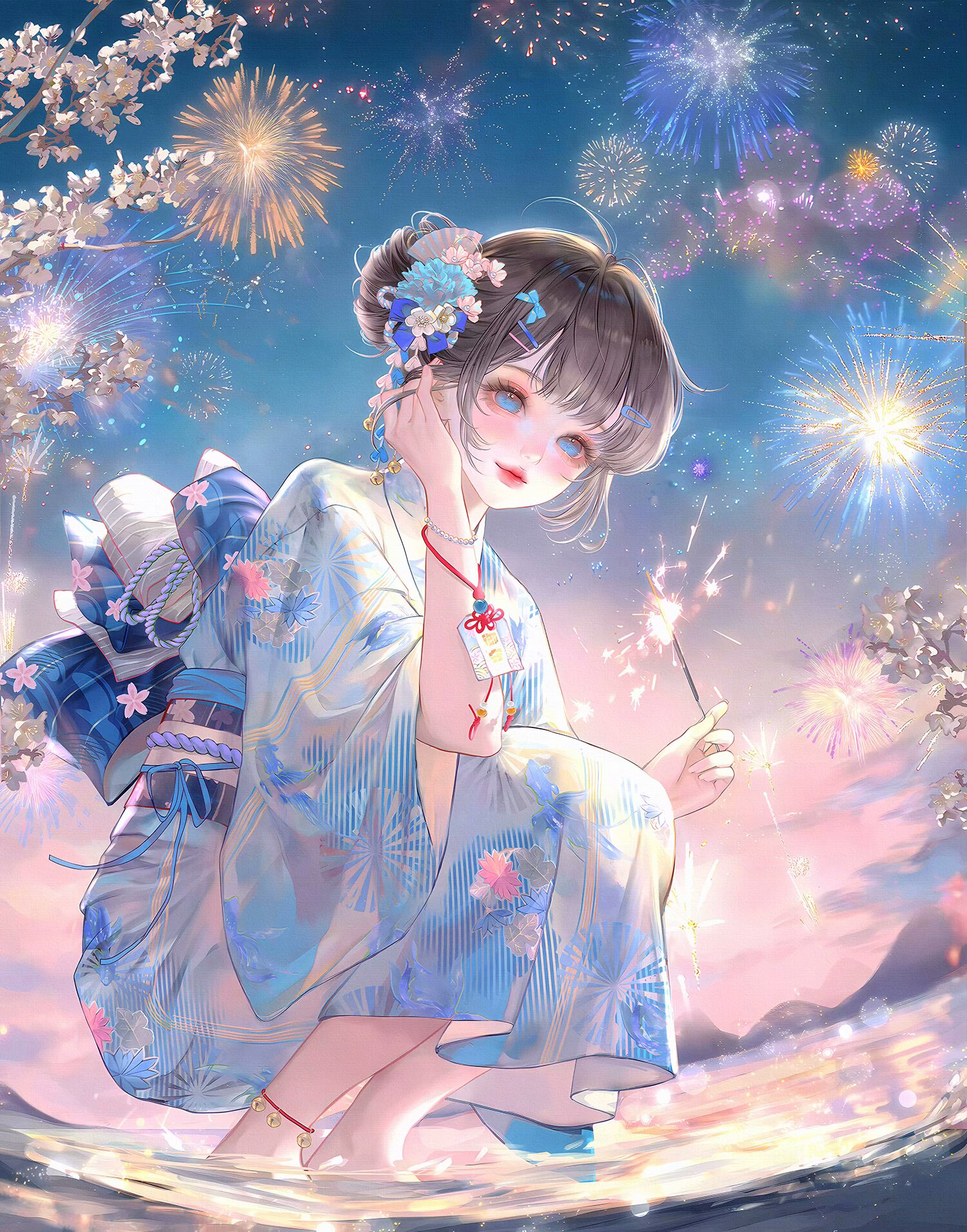xixizi, original, highres, large variant set, variant set, 1girl, aerial fireworks, anklet, barefoot, blue eyes, blue flower, blue kimono, blush, bracelet, brown hair, closed mouth, fireworks, floral print, flower, full body, hair bun, hair flower, hair ornament, holding, japanese clothes, jewelry, kimono, lips, looking at viewer, makeup, night, night sky, obi, outdoors, print kimono, sash, short hair, single hair bun, sky, smile, solo, sparkler, squatting, water, white kimono, wide sleeves