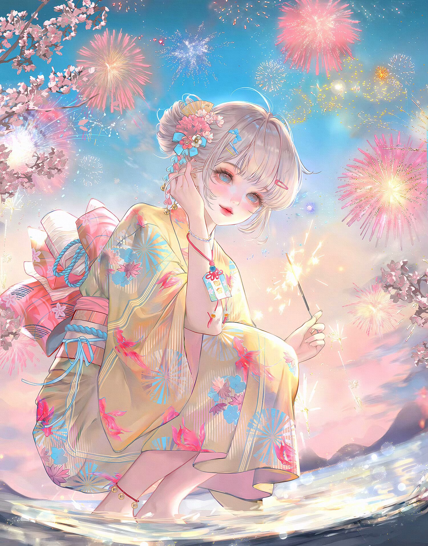 xixizi, original, highres, large variant set, variant set, 1girl, ahoge, animal print, anklet, barefoot, blue eyes, blush, bracelet, cherry blossoms, fireworks, floral print, flower, hair bun, hair flower, hair ornament, hairclip, holding, japanese clothes, jewelry, kimono, looking at viewer, makeup, obi, outdoors, pink flower, print kimono, sash, short hair, sky, smile, solo, sparkler, squatting, water, wide sleeves, yellow kimono