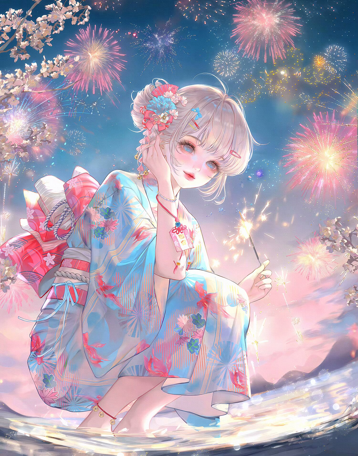 xixizi, original, highres, large variant set, variant set, 1girl, ahoge, animal print, anklet, blue eyes, blue flower, blue kimono, blush, bracelet, fireworks, floral print, flower, hair bun, hair flower, hair ornament, hairclip, holding, japanese clothes, jewelry, kimono, looking at viewer, makeup, night, obi, outdoors, print kimono, sash, short hair, sky, smile, solo, sparkler, squatting, water, wide sleeves, yukata