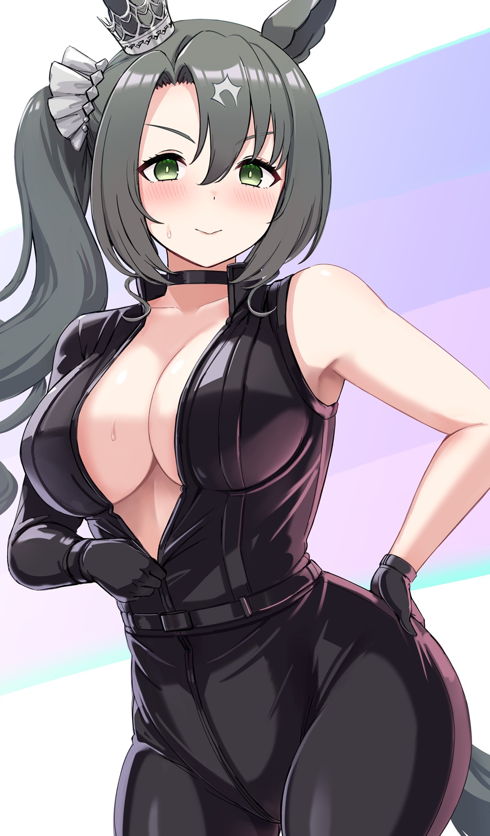 enumiyaa, satono crown (umamusume), umamusume, commentary request, highres, 1girl, animal ears, black bodysuit, black gloves, blush, bodysuit, breasts, cleavage, closed mouth, crown, gloves, green eyes, hair between eyes, horse ears, horse girl, horse tail, large breasts, long hair, looking at viewer, solo, sweat, tail