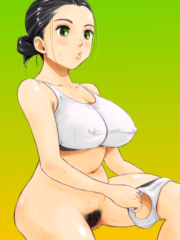 mutaken (bremen), mutaken (pixiv), original, 1girl, black hair, blush, breasts, covered erect nipples, female focus, female pubic hair, green eyes, large breasts, panties, panty pull, pubic hair, short hair, solo, sweat, tank top, underwear