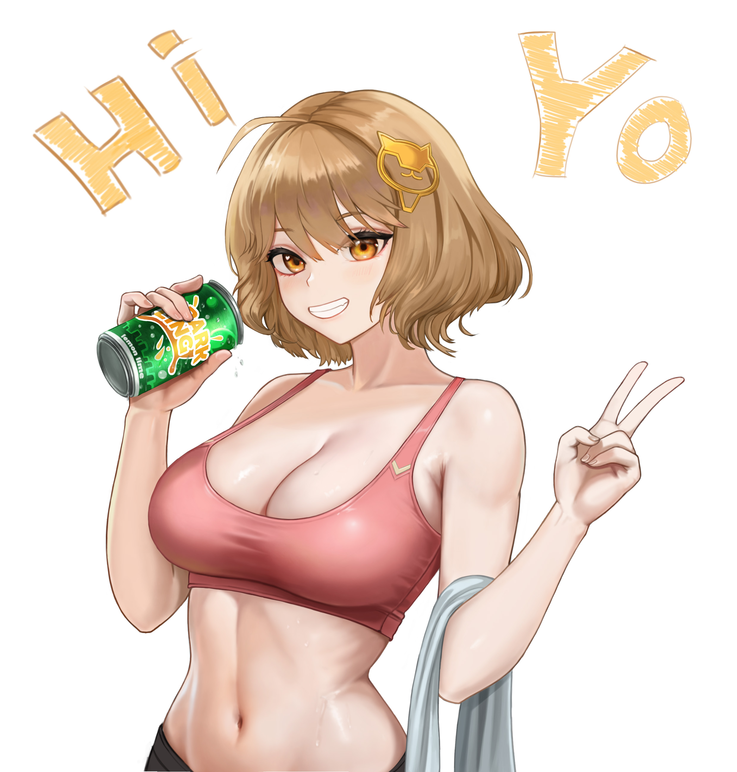 anis (nikke), goddess of victory: nikke, absurdres, commentary request, highres, korean commentary, 1girl, :d, ahoge, armpit crease, bare arms, bare shoulders, breasts, brown hair, can, cleavage, collarbone, condensation, drink can, fang, fingernails, grin, hair between eyes, hair ornament, hairclip, hands up, holding, holding can, large breasts, midriff, navel, open mouth, pink sports bra, short hair, simple background, smile, solo, sports bra, stomach, sweat, towel, towel on arm, upper body, v, white background, yellow eyes, zxcs011